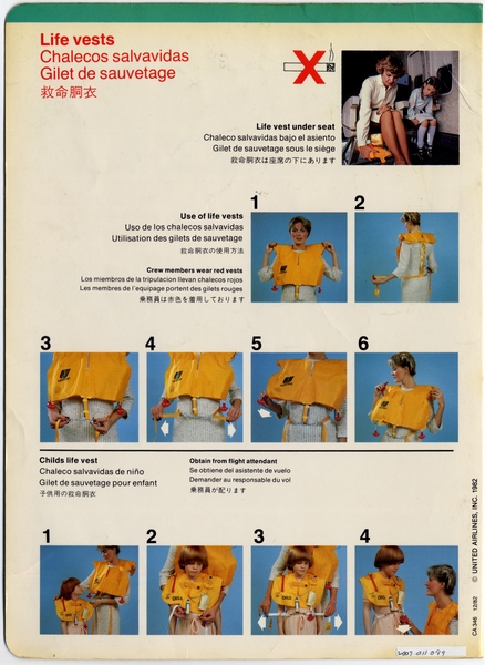 Image: safety information card: United Airlines, Boeing 747