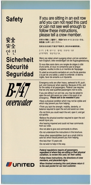 Image: safety information card: United Airlines, Boeing 747