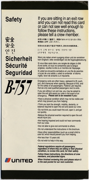 Image: safety information card: United Airlines, Boeing 757