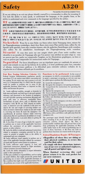 Image: safety information card: United Airlines, Airbus A320