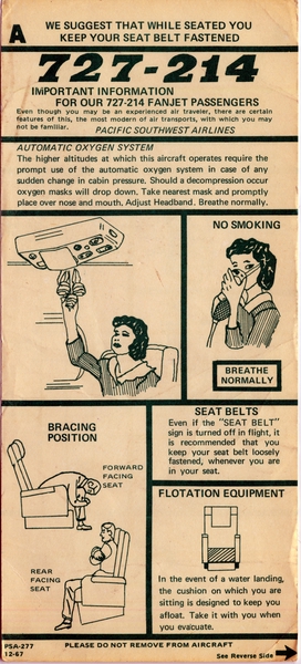 Image: safety information card: Pacific Southwest Airlines (PSA), Boeing 727-214