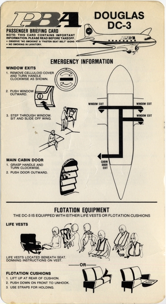 Image: safety information card: PBA (Provincetown-Boston Airline), Douglas DC-3