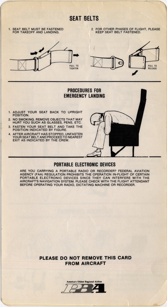 Image: safety information card: PBA (Provincetown-Boston Airline), Douglas DC-3