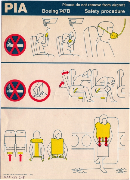 Image: safety information card: Pakistan International Airlines, Boeing 747B