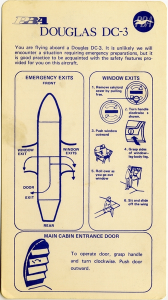 Image: safety information card: PBA (Provincetown-Boston Airline), Douglas DC-3