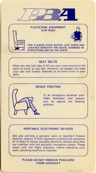 Image: safety information card: PBA (Provincetown-Boston Airline), Douglas DC-3