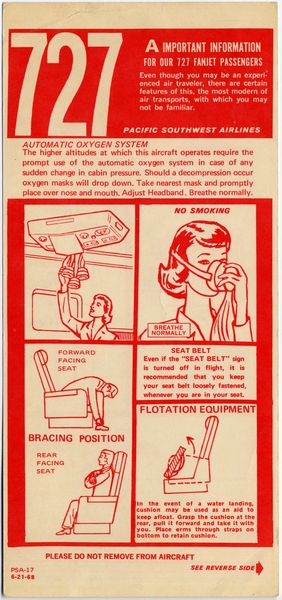 Image: safety information card: Pacific Southwest Airlines (PSA), Boeing 727