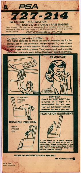 Image: safety information card: Pacific Southwest Airlines (PSA), Boeing 727-214 Fan Jet