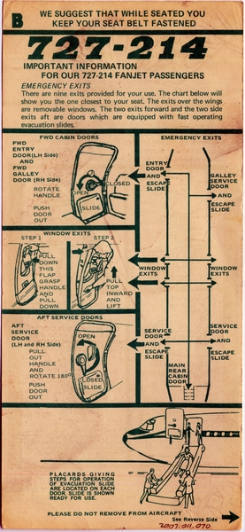 Image: safety information card: Pacific Southwest Airlines (PSA), Boeing 727-214 Fan Jet