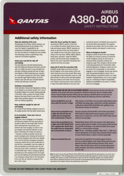 Image: safety information card: Qantas Airways, Airbus A380-800