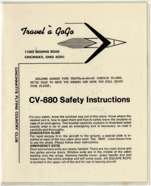 Image: safety information card: Travel a GoGo, Convair 880