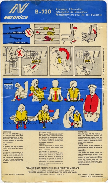 Image: safety information card: Aeronica, Boeing 720