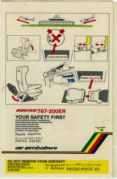 Image: safety information card: Air Zimbabwe, Boeing 767-200ER