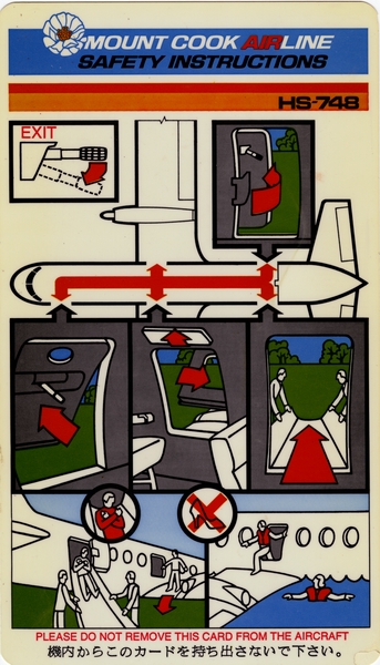 Image: safety information card: Mount Cook Airline, Hawker Siddeley HS.748