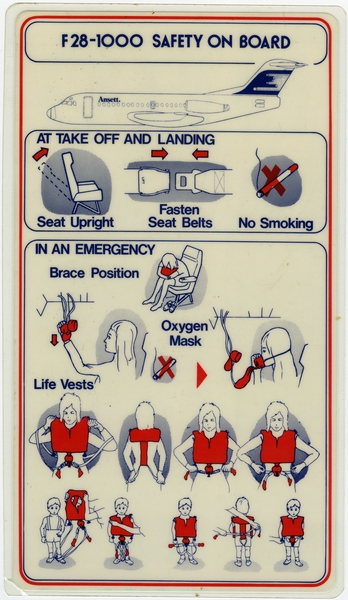 Image: safety information card: Ansett, Fokker F.28-1000