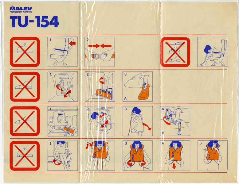 Image: safety information card: Malev Hungarian Airlines, Tupolev Tu-154 Careless