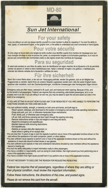 Image: safety information card: Sun Jet International, McDonnell Douglas MD-80