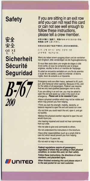 Image: safety information card: United Airlines, Boeing 767-200