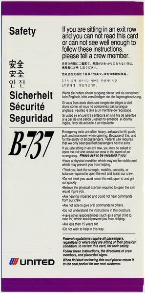 Image: safety information card: United Airlines, Boeing 737