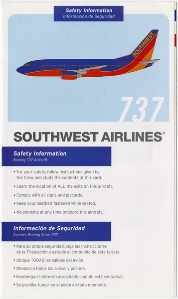Image: safety information card: Southwest Airlines, Boeing 737