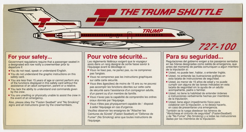 Image: safety information card: Trump Shuttle, Boeing 727-100