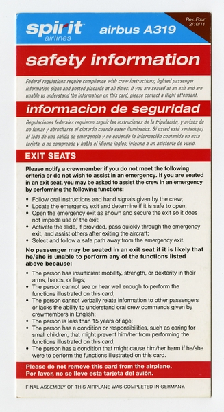 Image: safety information card: Spirit Airlines, Airbus A319