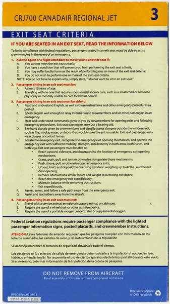Image: safety information card: SkyWest Airlines, CRJ700 Canadair Regional Jet