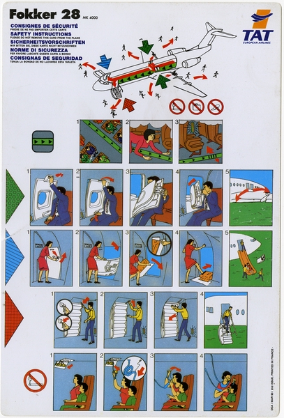 Image: safety information card: TAT European Airlines, Fokker F.28