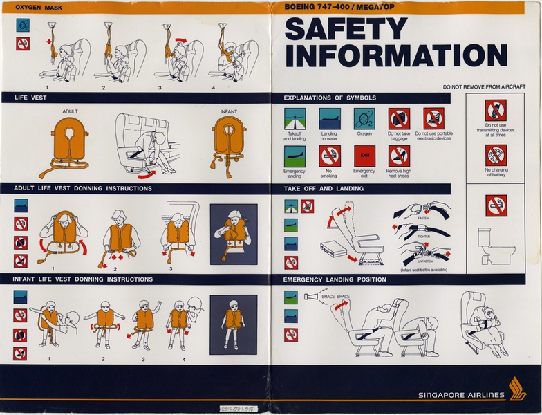 Image: safety information card: Singapore Airlines, Boeing 747-400 Megatop