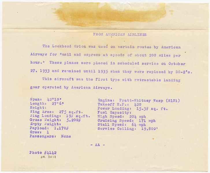 Image: photograph: American Airways, Lockheed 9 Orion