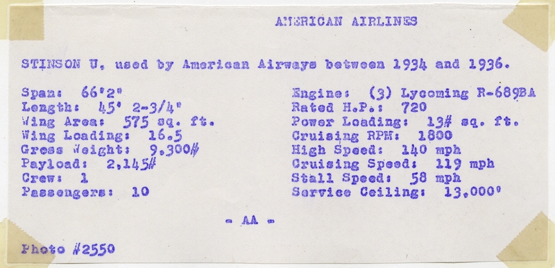 Image: photograph: American Airways, Stinson Model U