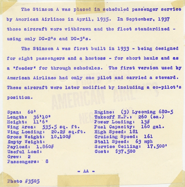 Image: photograph: American Airlines, Stinson Model A