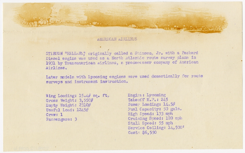 Image: photograph: American Airlines, Stinson Reliant