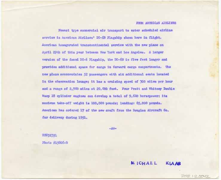 Image: photograph: American Airlines, Douglas DC-6B