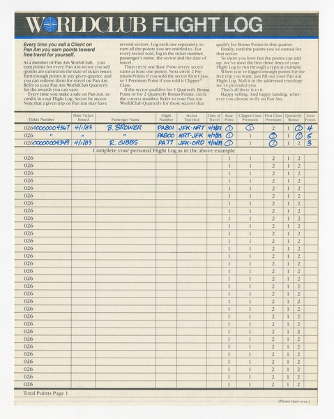 Image: mileage program awards form: Pan American World Airways, WorldClub